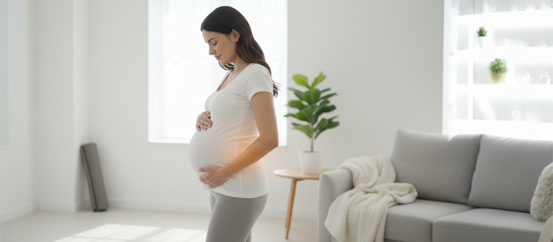 Pregnant woman experiencing lower back pain relief through gentle prenatal chiropractic adjustments in a bright, natural home setting
